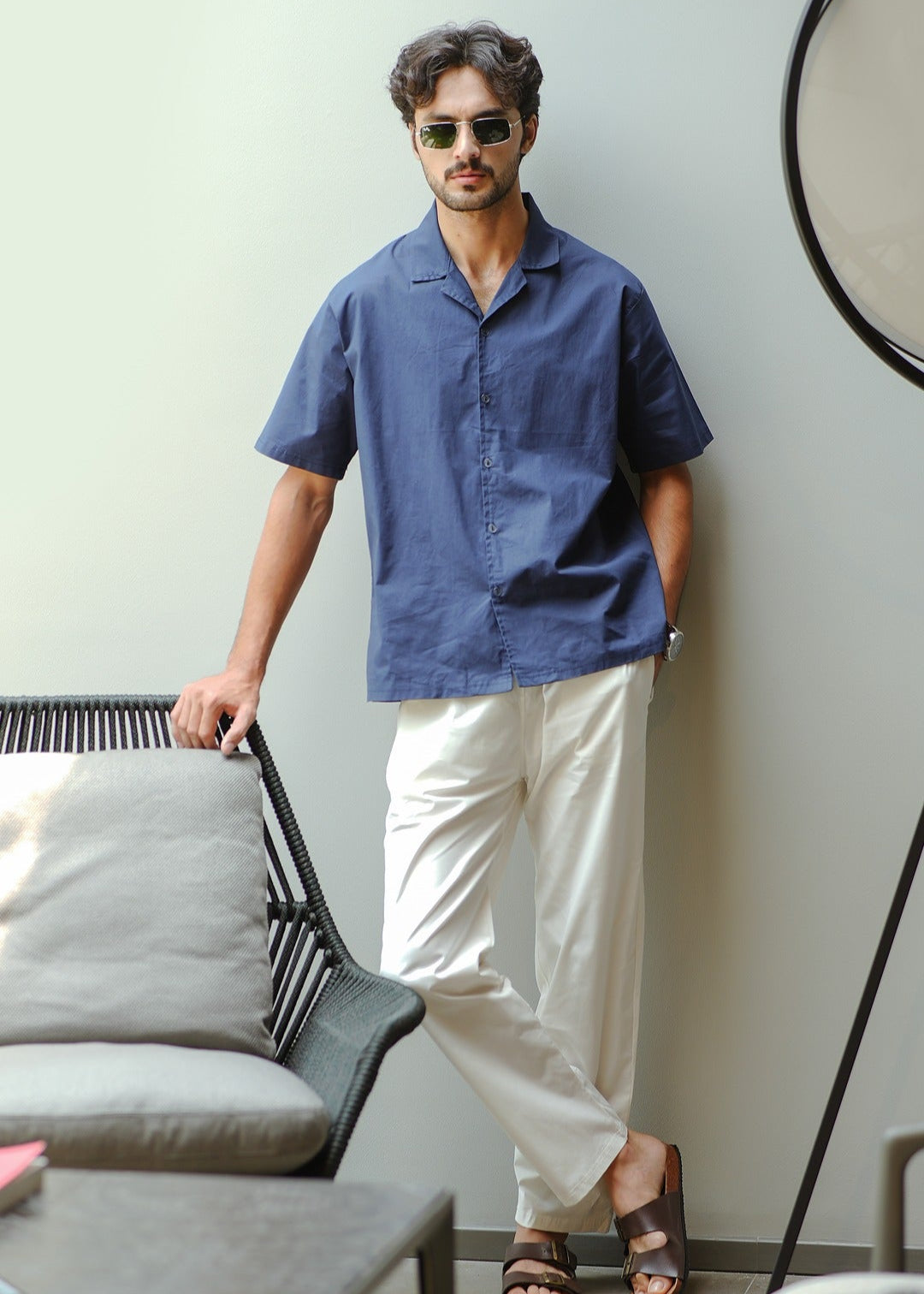 CAMP COLLAR COTTON SHIRT IN NAVY WITH TROUSER