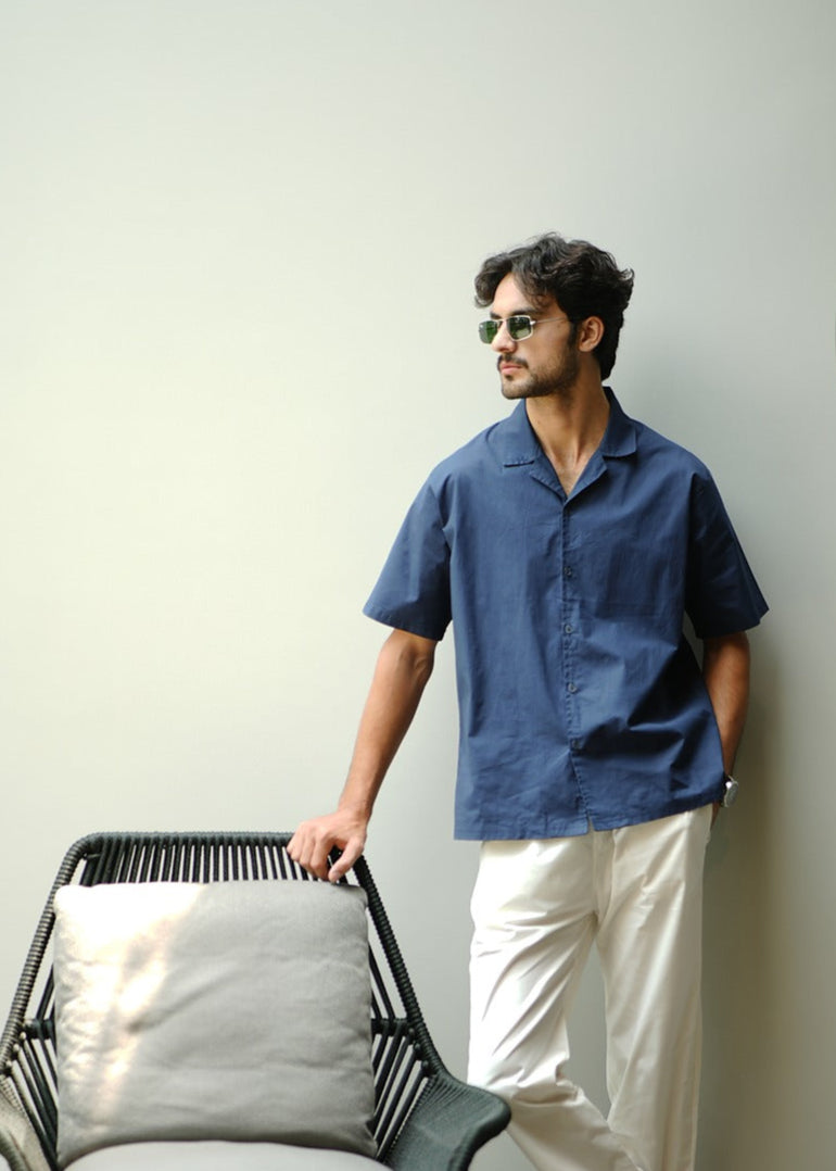 CAMP COLLAR COTTON SHIRT IN NAVY WITH TROUSER