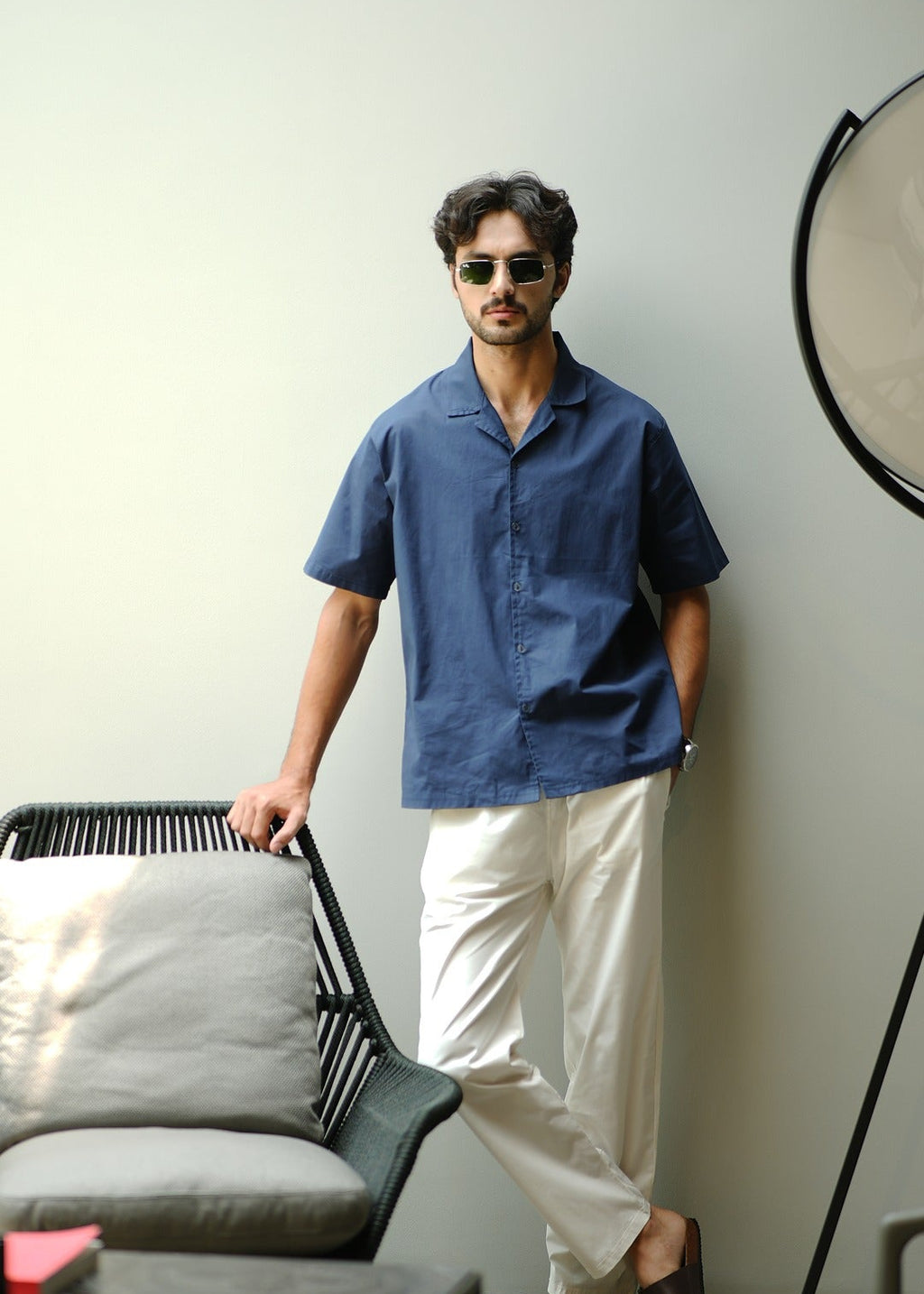 CAMP COLLAR COTTON SHIRT IN NAVY