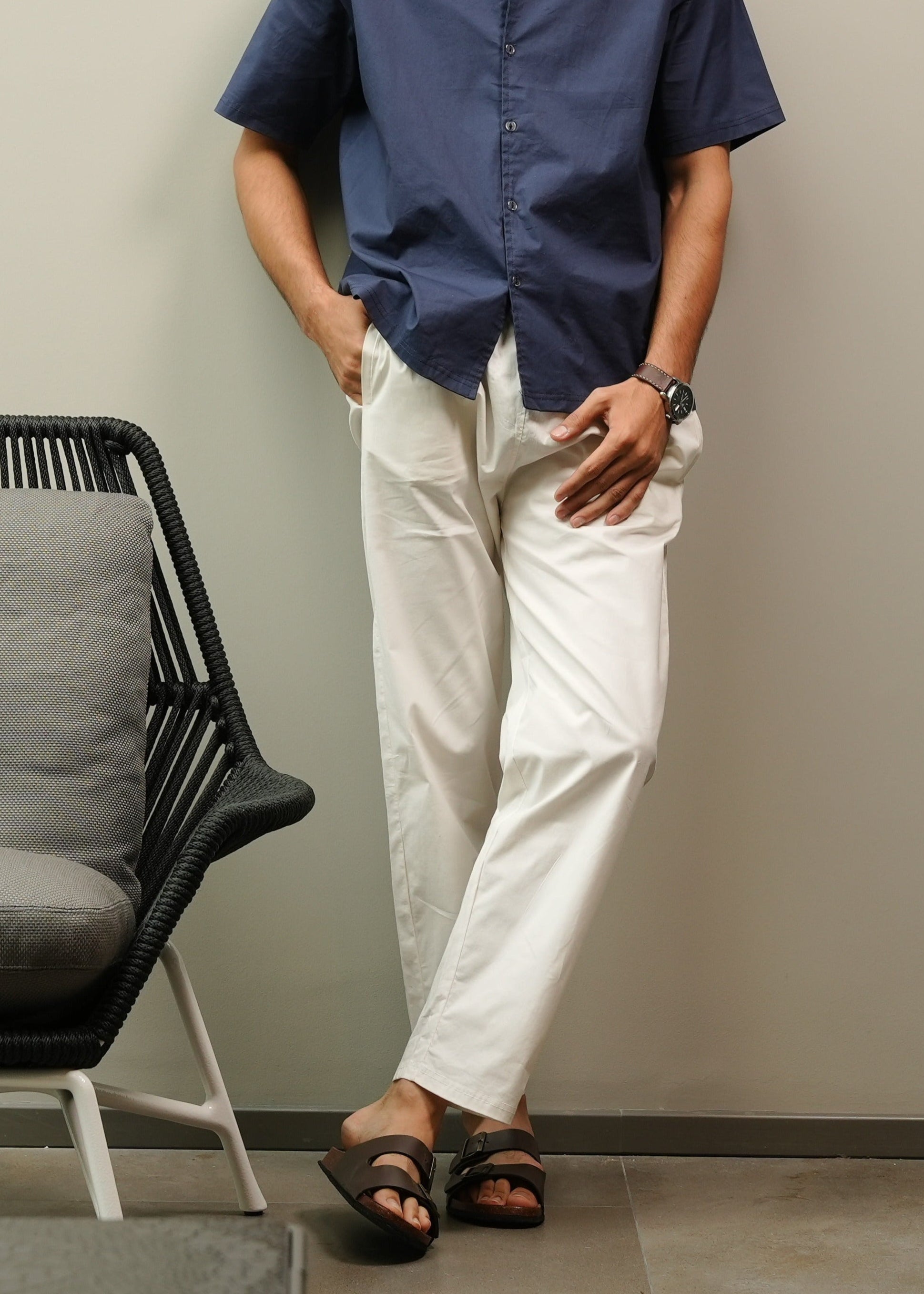 WHITE COTTON LYCRA STRAIGHT TROUSERS