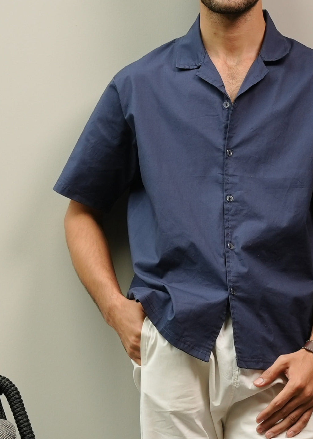 CAMP COLLAR COTTON SHIRT IN NAVY