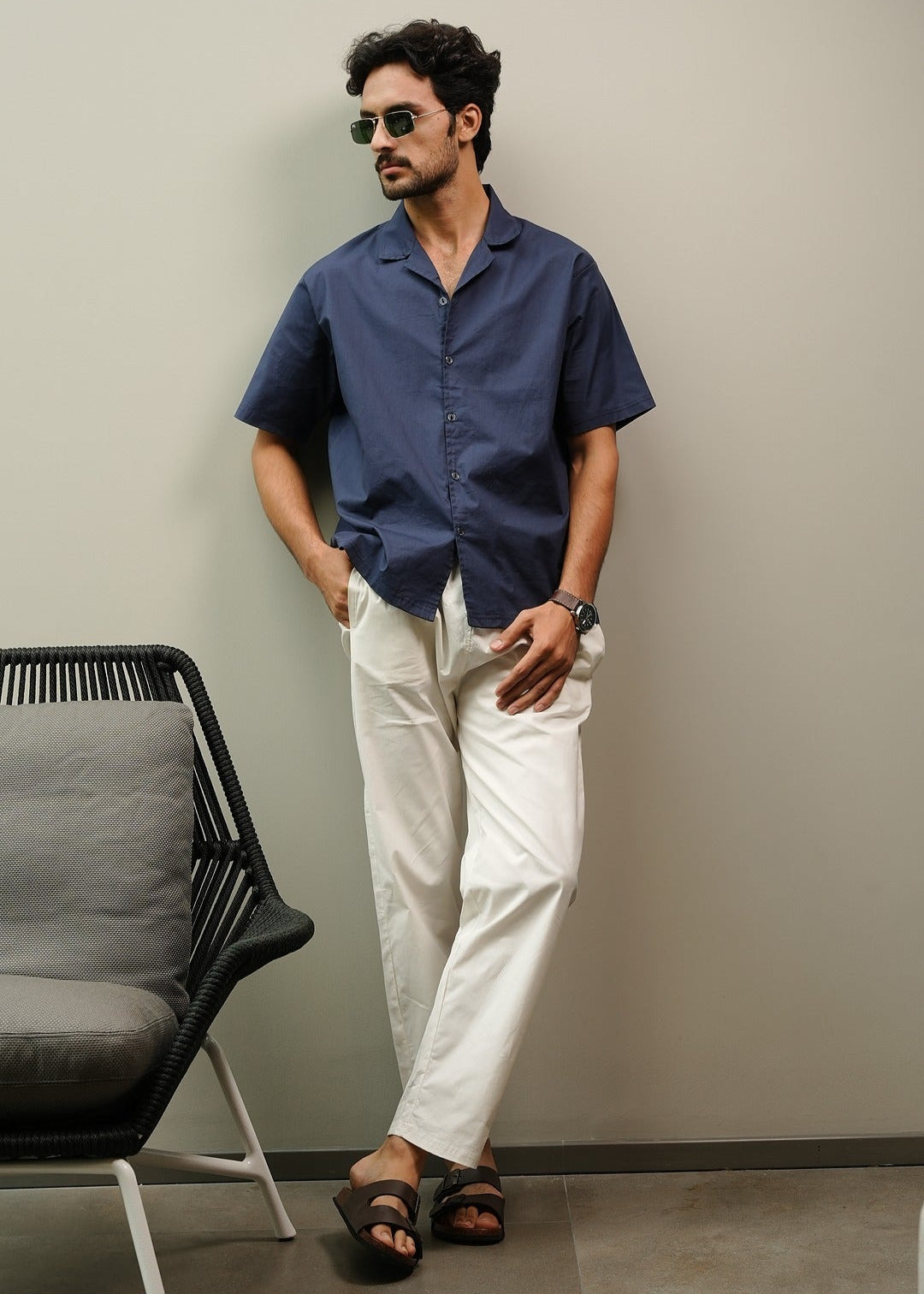 CAMP COLLAR COTTON SHIRT IN NAVY