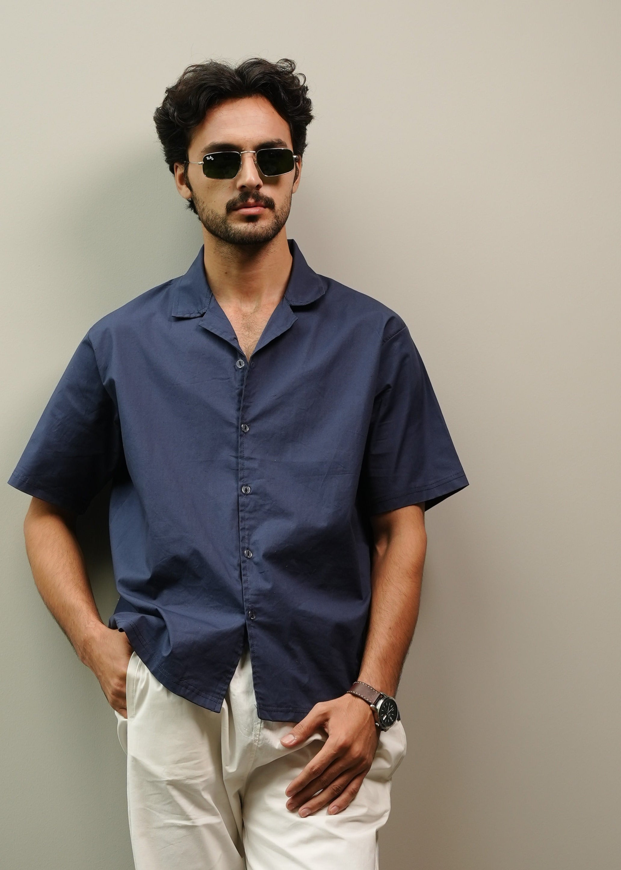 CAMP COLLAR COTTON SHIRT IN NAVY