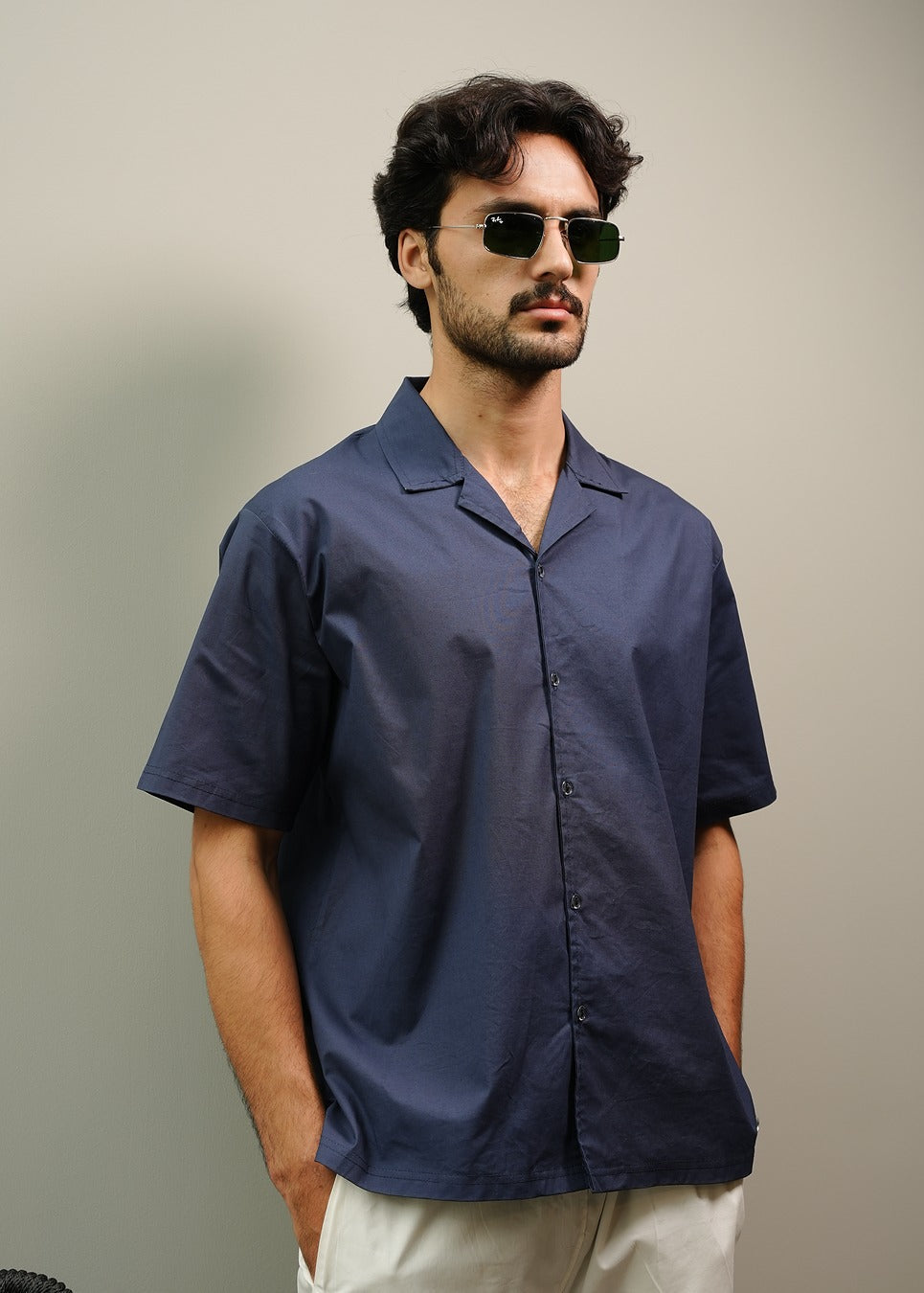 CAMP COLLAR COTTON SHIRT IN NAVY