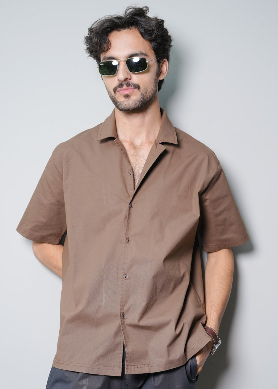 CAMP COLLAR COTTON SHIRT IN BROWN