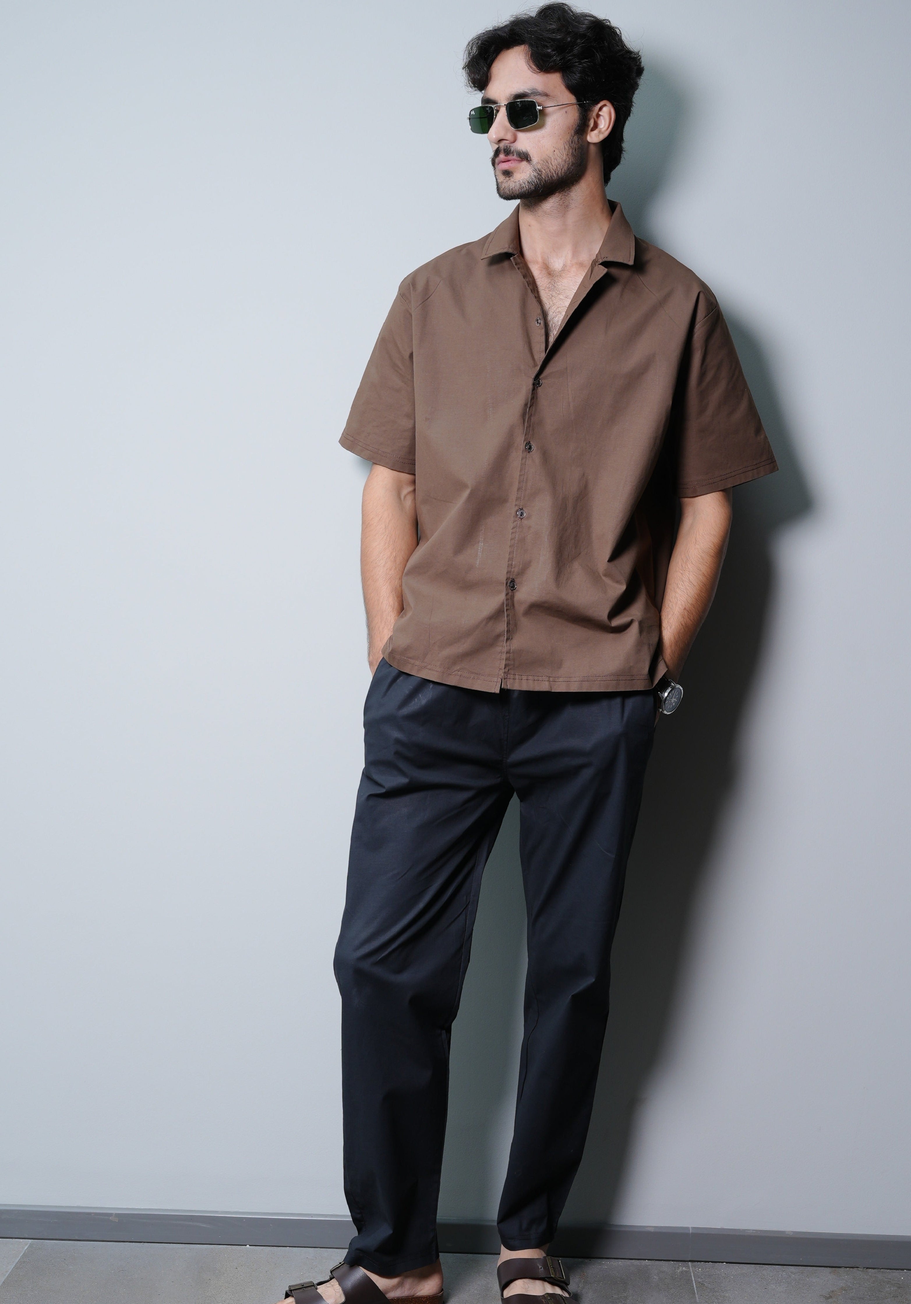 CAMP COLLAR COTTON SHIRT IN BROWN