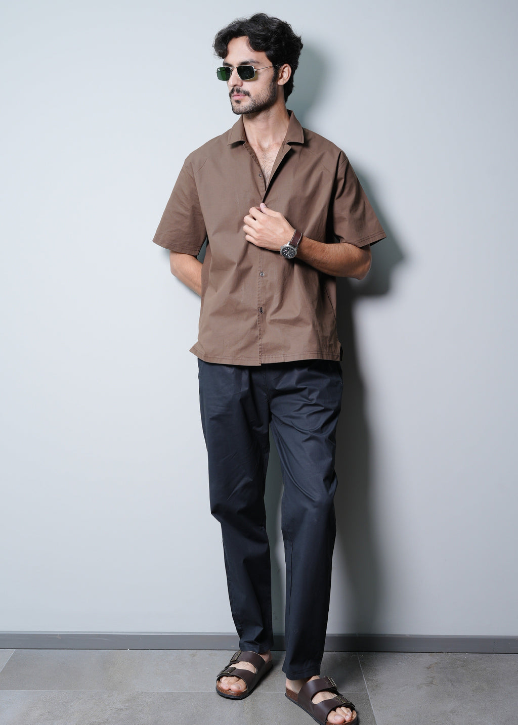 CAMP COLLAR COTTON SHIRT IN BROWN WITH TROUSER