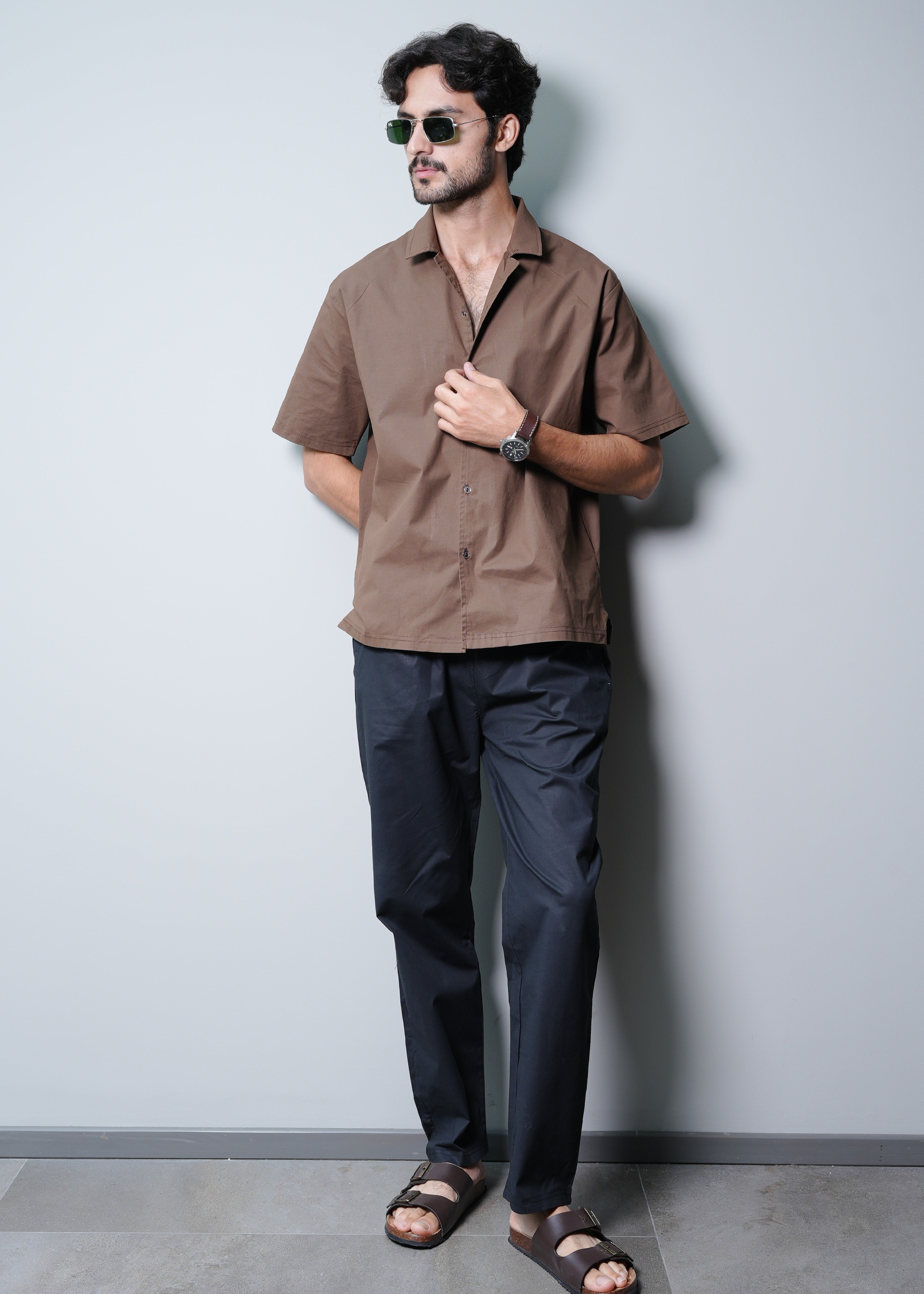 CAMP COLLAR COTTON SHIRT IN BROWN WITH TROUSER