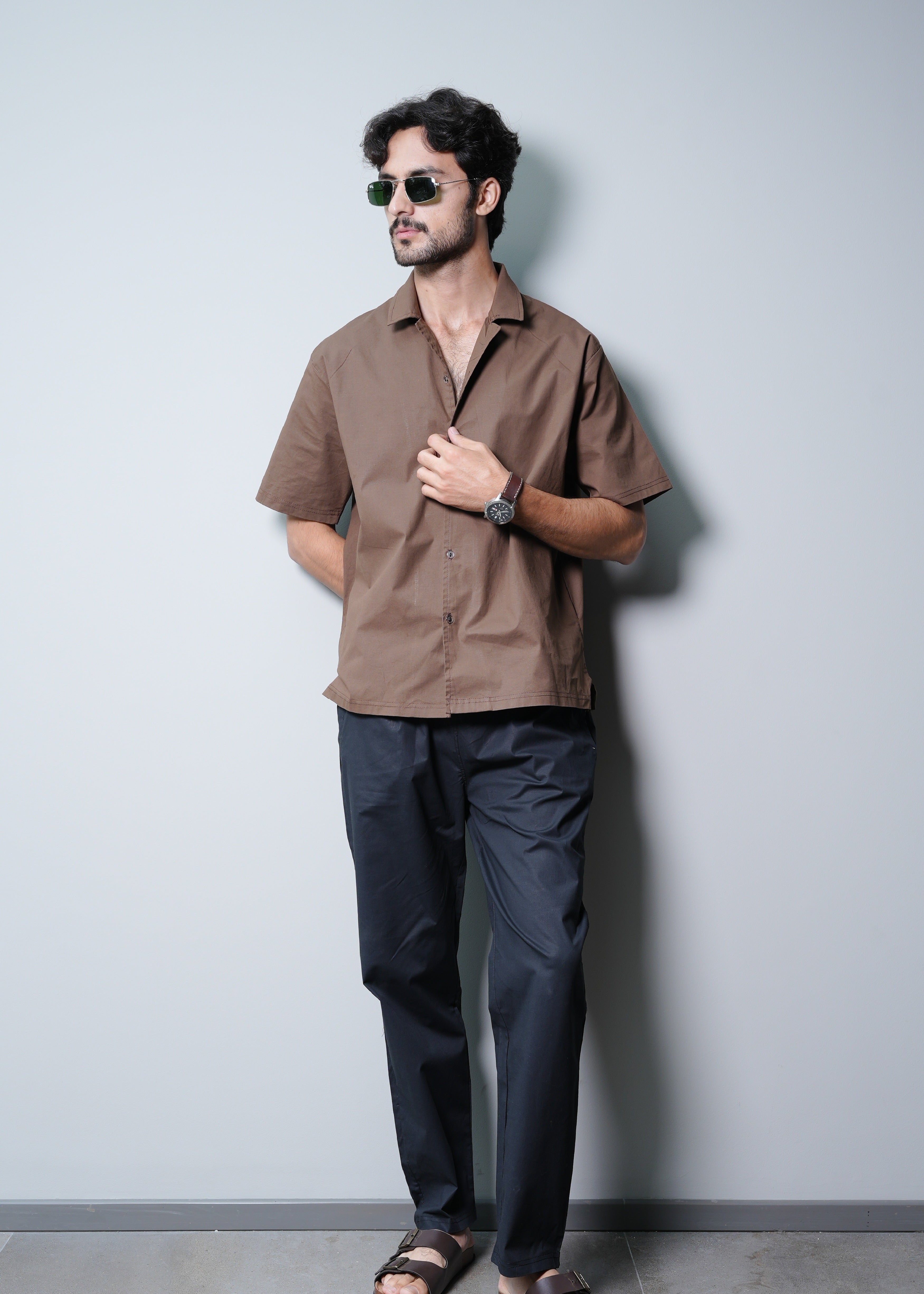CAMP COLLAR COTTON SHIRT IN BROWN WITH TROUSER