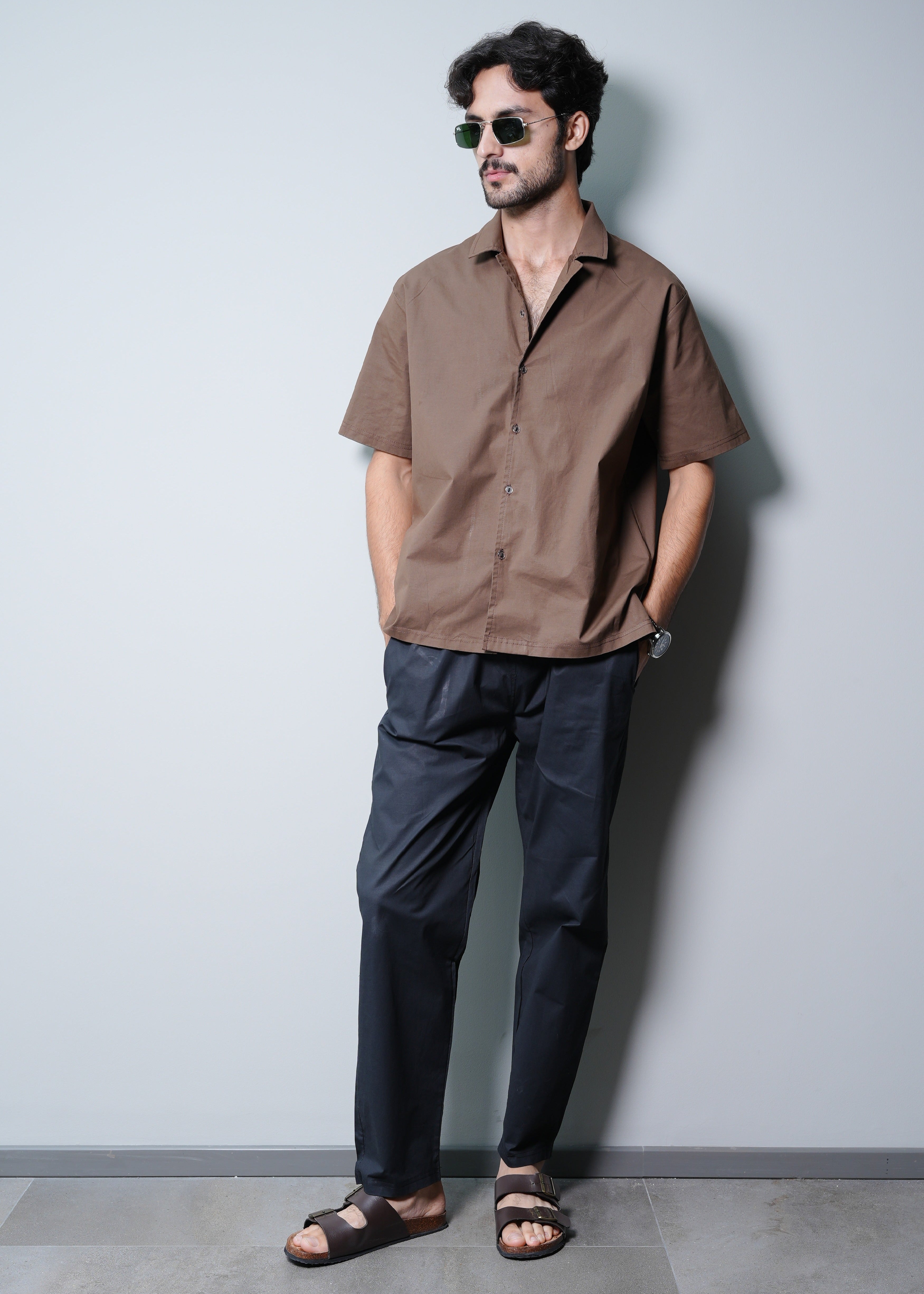 CAMP COLLAR COTTON SHIRT IN BROWN WITH TROUSER