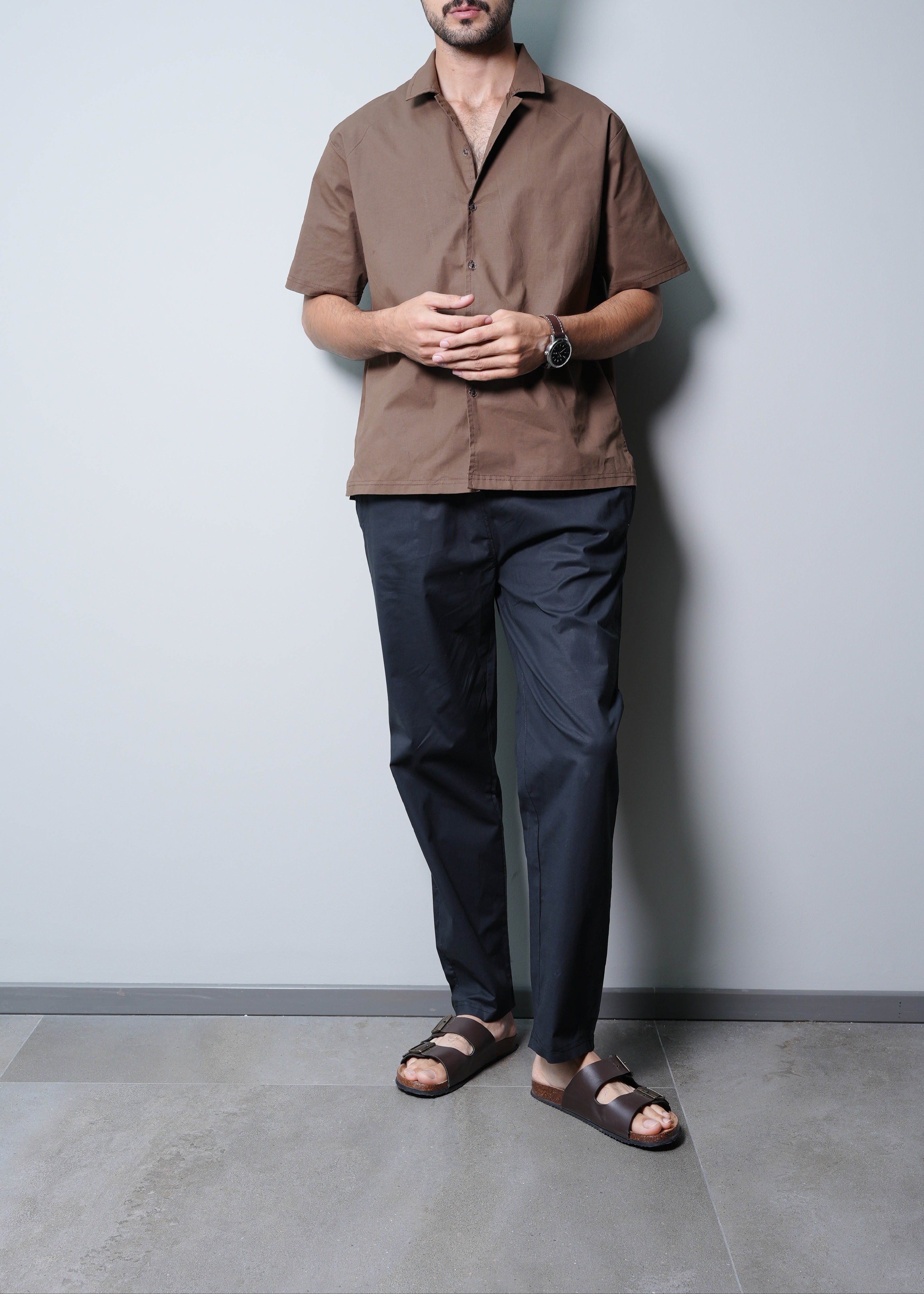 CAMP COLLAR COTTON SHIRT IN BROWN