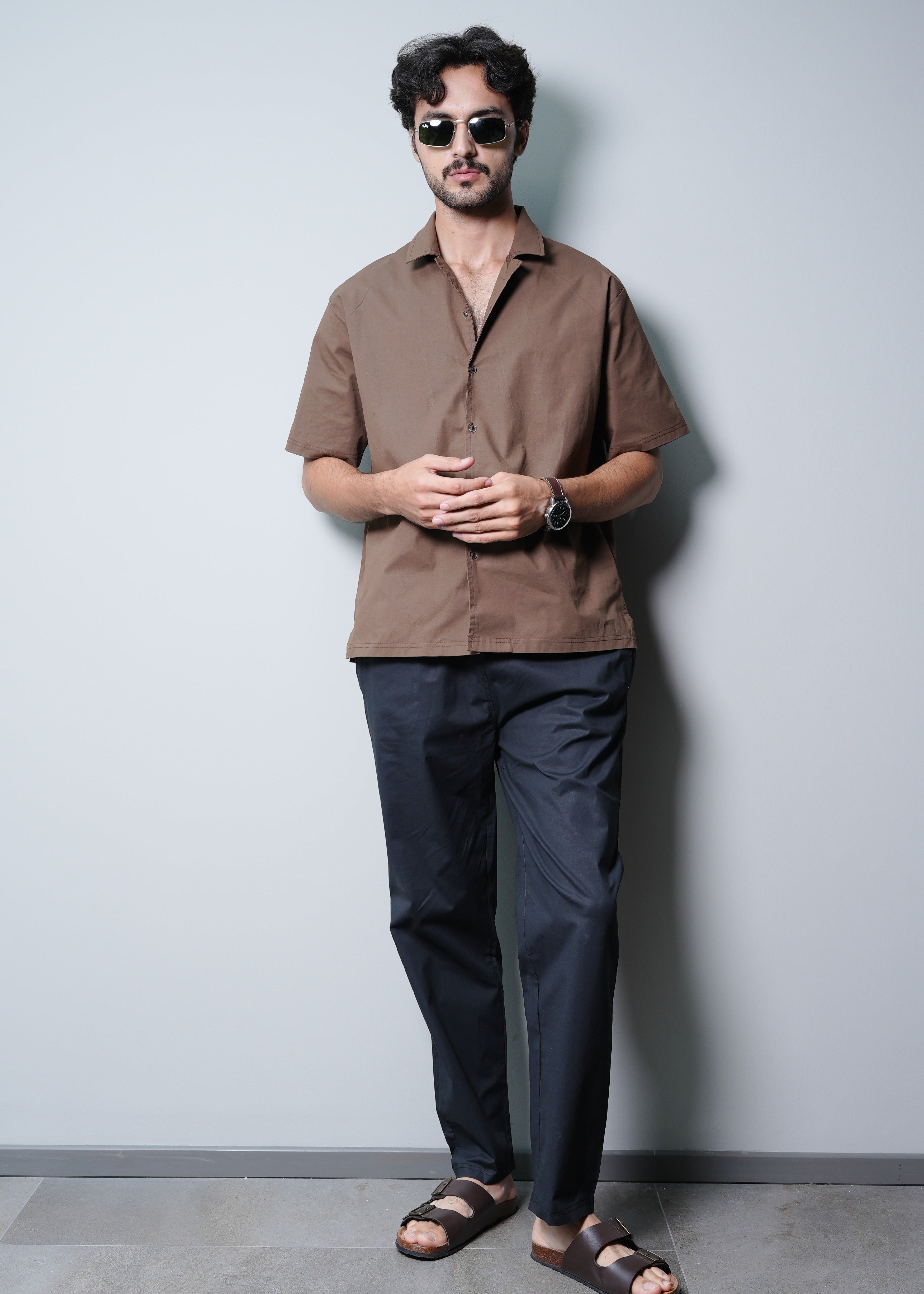 CAMP COLLAR COTTON SHIRT IN BROWN WITH TROUSER