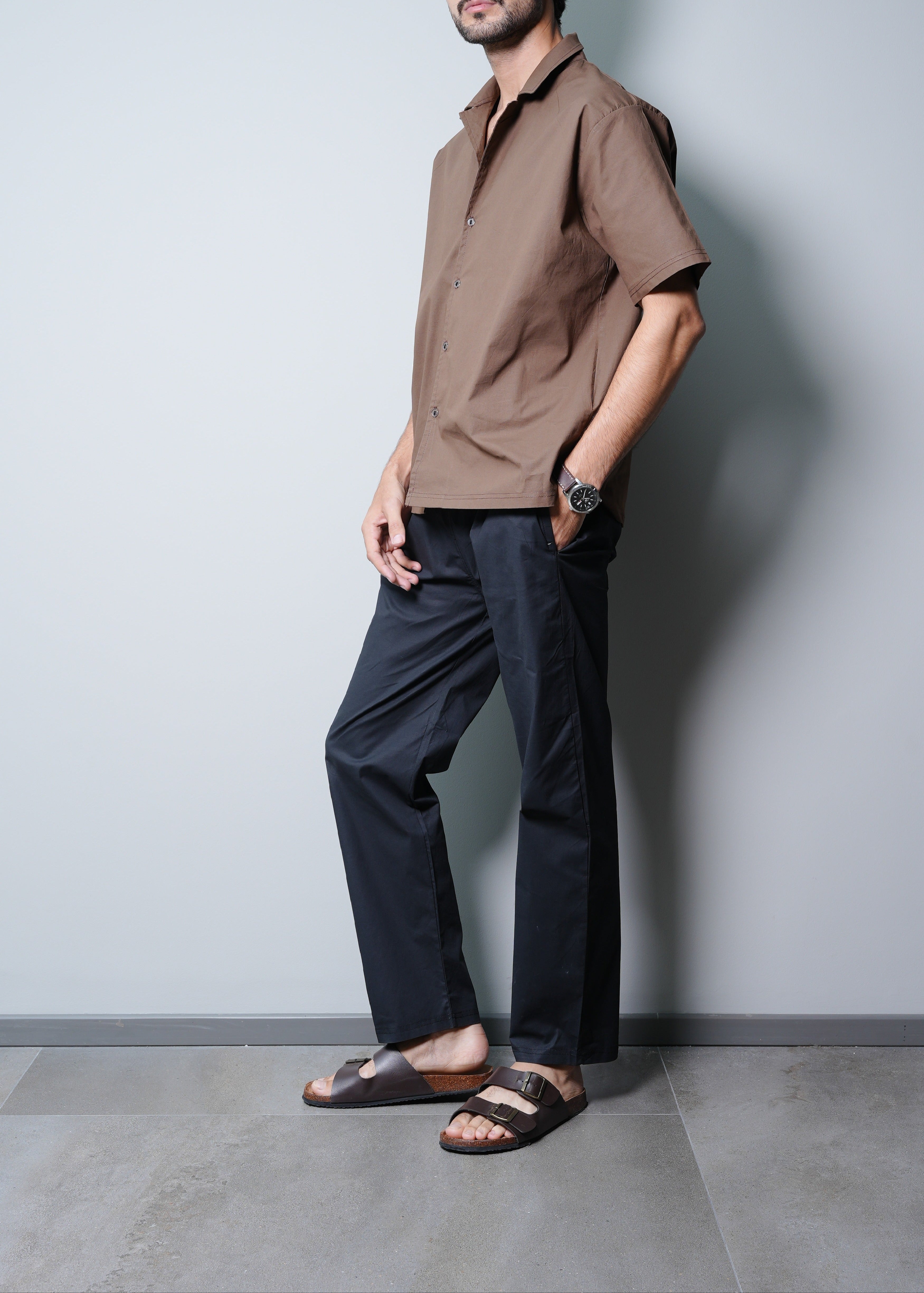 BLACK COTTON LYCRA STRAIGHT TROUSERS
