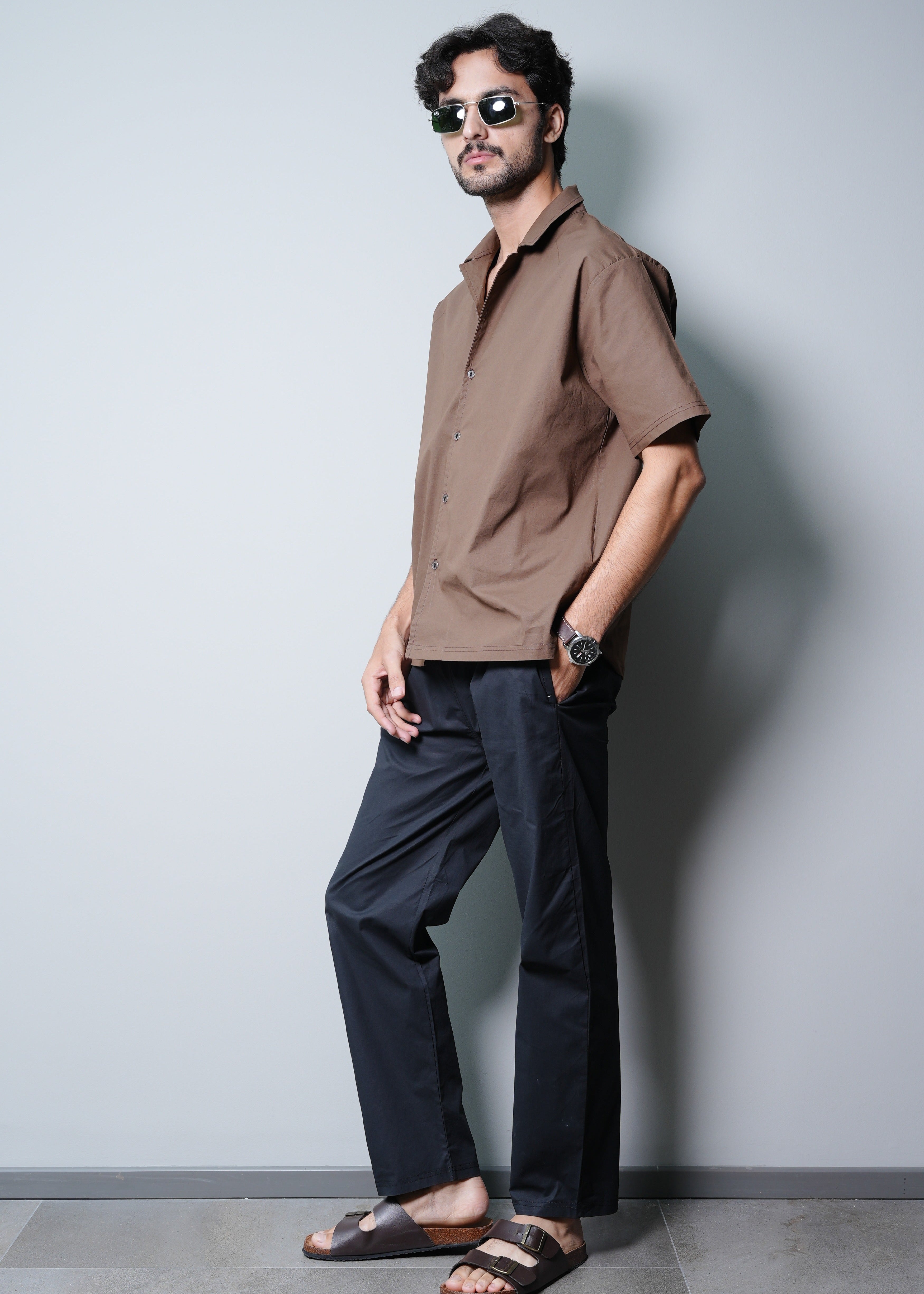 CAMP COLLAR COTTON SHIRT IN BROWN WITH TROUSER