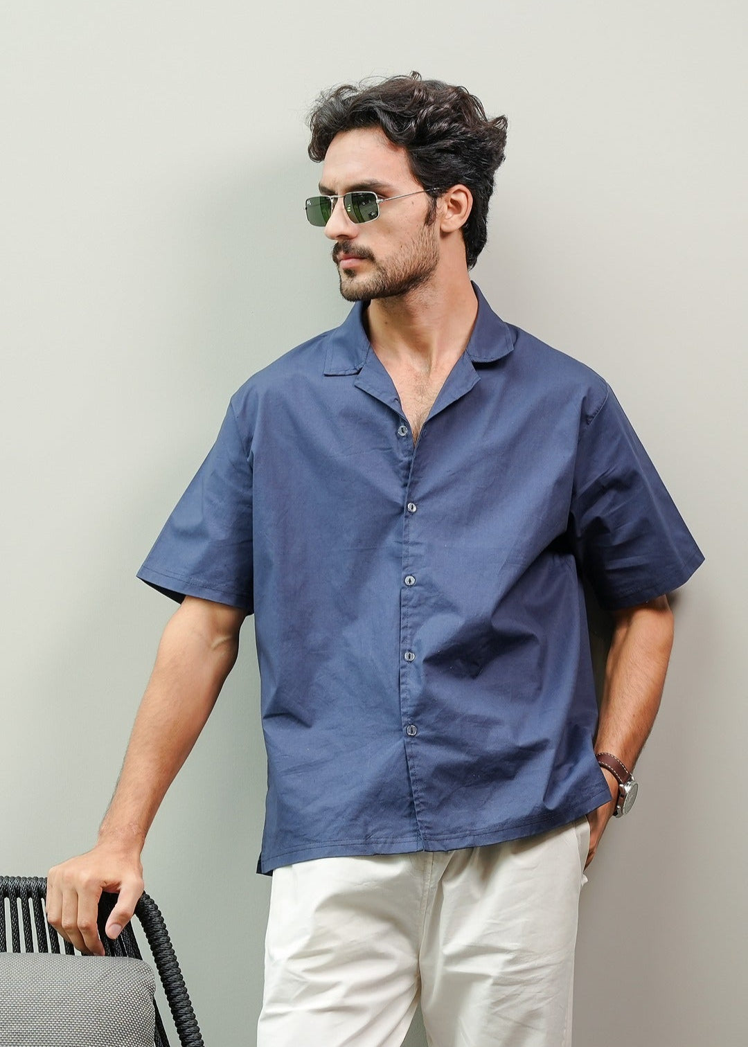 CAMP COLLAR COTTON SHIRT IN NAVY